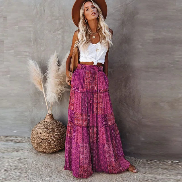 Summer High Waist Long Printed A-Line Skirt Floral Skirt Women Casual Beach Faldas Female Boho Elastic Waist Holiday Maxi Skirts