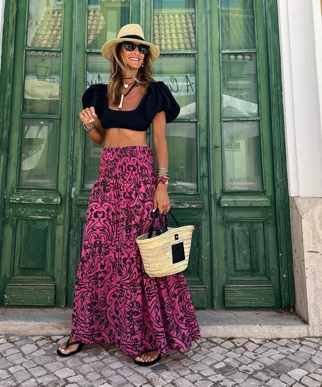 Summer High Waist Long Printed A-Line Skirt Floral Skirt Women Casual Beach Faldas Female Boho Elastic Waist Holiday Maxi Skirts