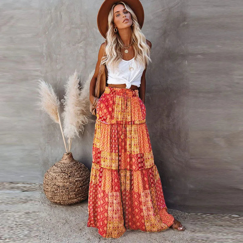 Summer High Waist Long Printed A-Line Skirt Floral Skirt Women Casual Beach Faldas Female Boho Elastic Waist Holiday Maxi Skirts