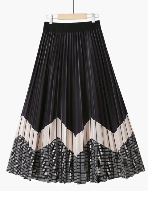 Contrast Color Print Mid-length Skirt Women 2022 Autumn Vintage Plaid A Line High Waist Pleated Midi Long Skirt Female
