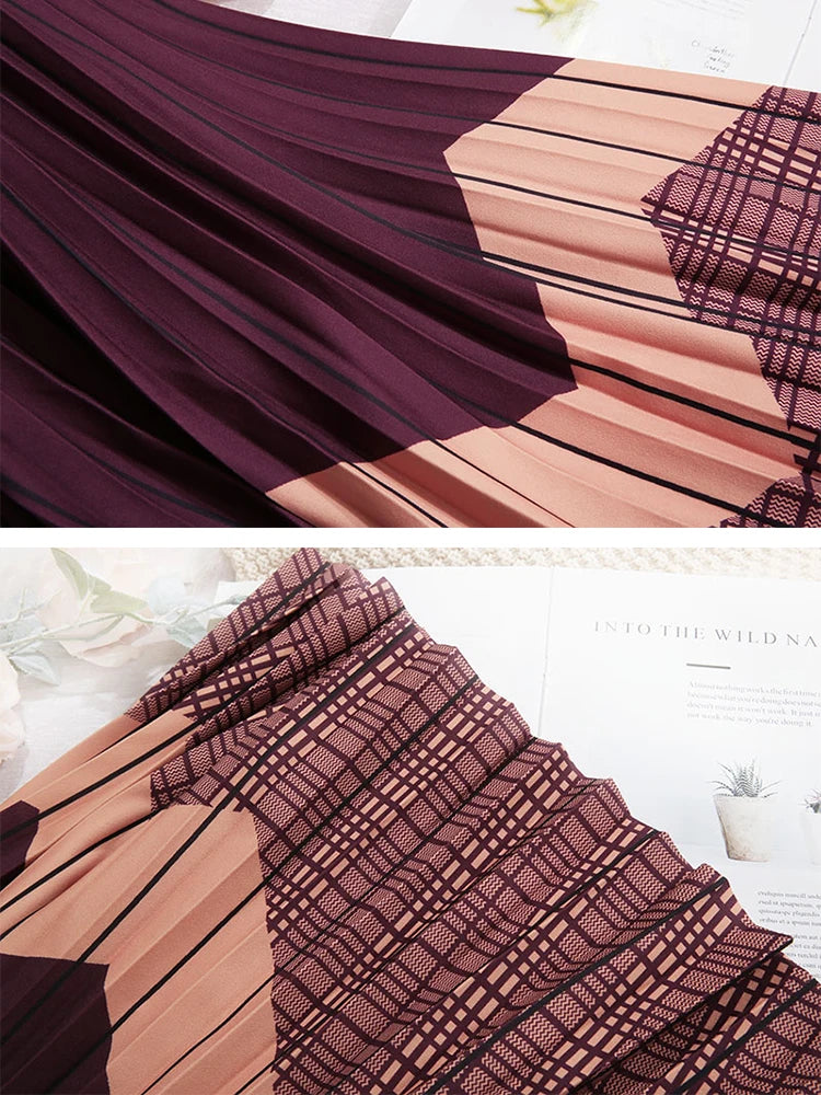Contrast Color Print Mid-length Skirt Women 2022 Autumn Vintage Plaid A Line High Waist Pleated Midi Long Skirt Female
