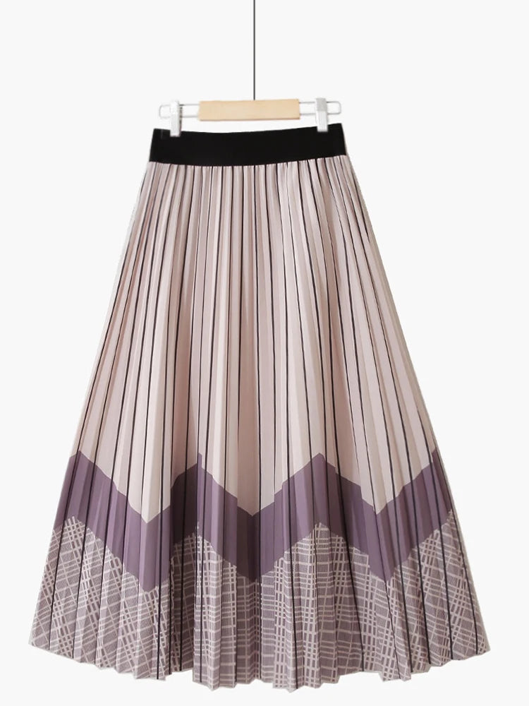 Contrast Color Print Mid-length Skirt Women 2022 Autumn Vintage Plaid A Line High Waist Pleated Midi Long Skirt Female