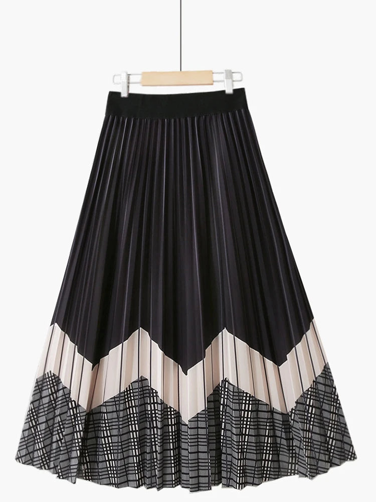Contrast Color Print Mid-length Skirt Women 2022 Autumn Vintage Plaid A Line High Waist Pleated Midi Long Skirt Female