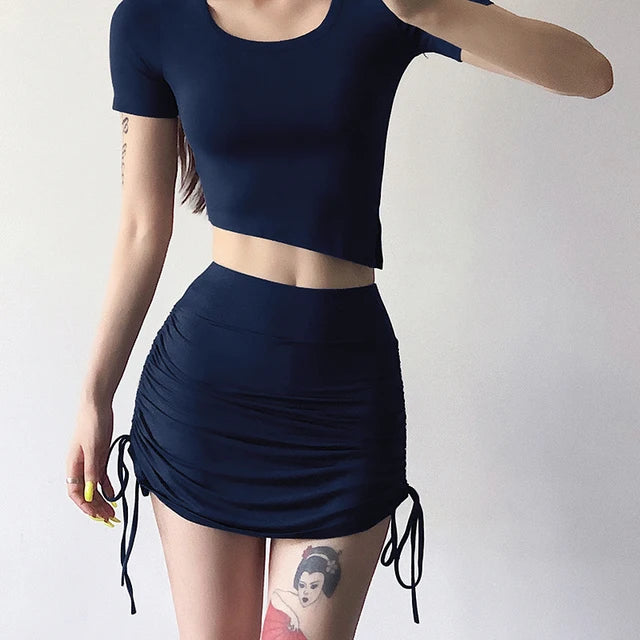 Women Sexy Y2K Drawstring Bandage Skinny Skirt Casual High Waist Solid Color Slim Fit Mini Short Skirt Evening Party Club Wear