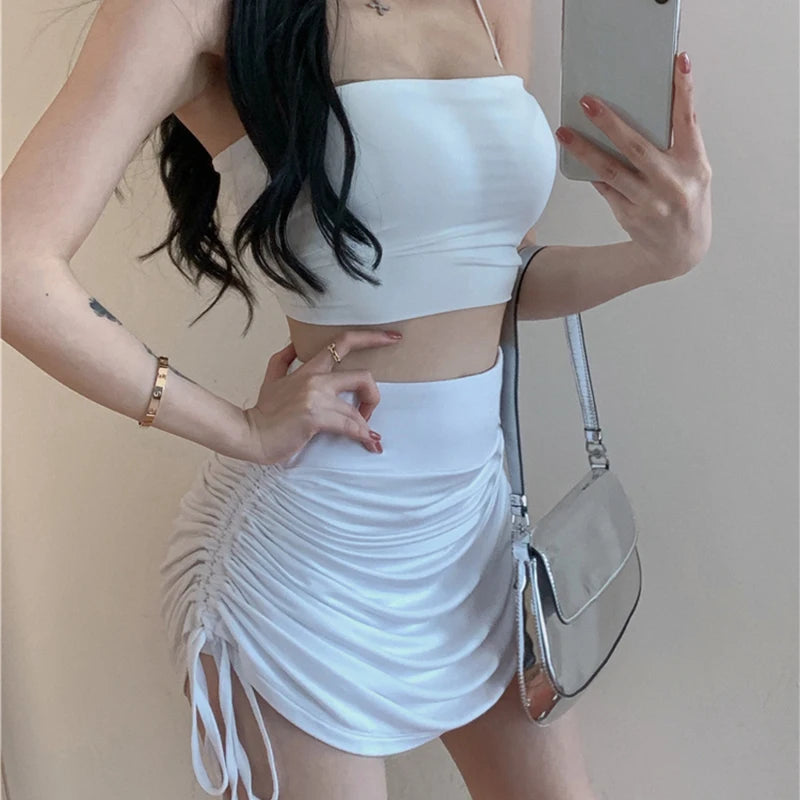 Women Sexy Y2K Drawstring Bandage Skinny Skirt Casual High Waist Solid Color Slim Fit Mini Short Skirt Evening Party Club Wear