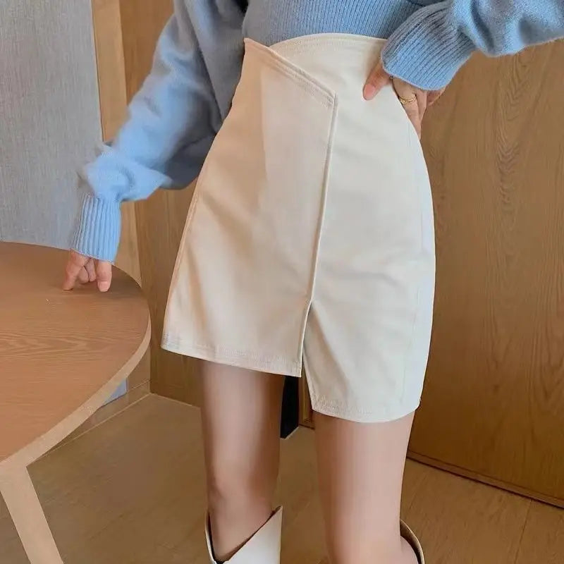 Women Stylish PU Leather White Zipper Patchwork Skirt High Waist Skirt Korean Solid Color Short Sexy Bodycon Skirts Mini Bottom