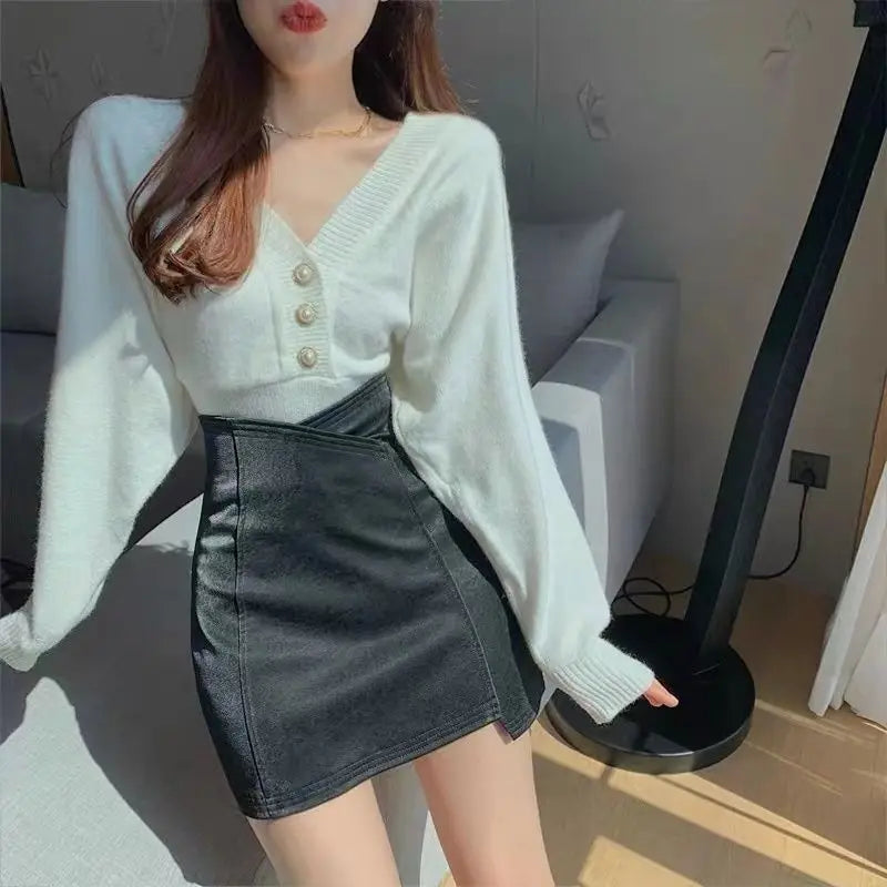 Women Stylish PU Leather White Zipper Patchwork Skirt High Waist Skirt Korean Solid Color Short Sexy Bodycon Skirts Mini Bottom