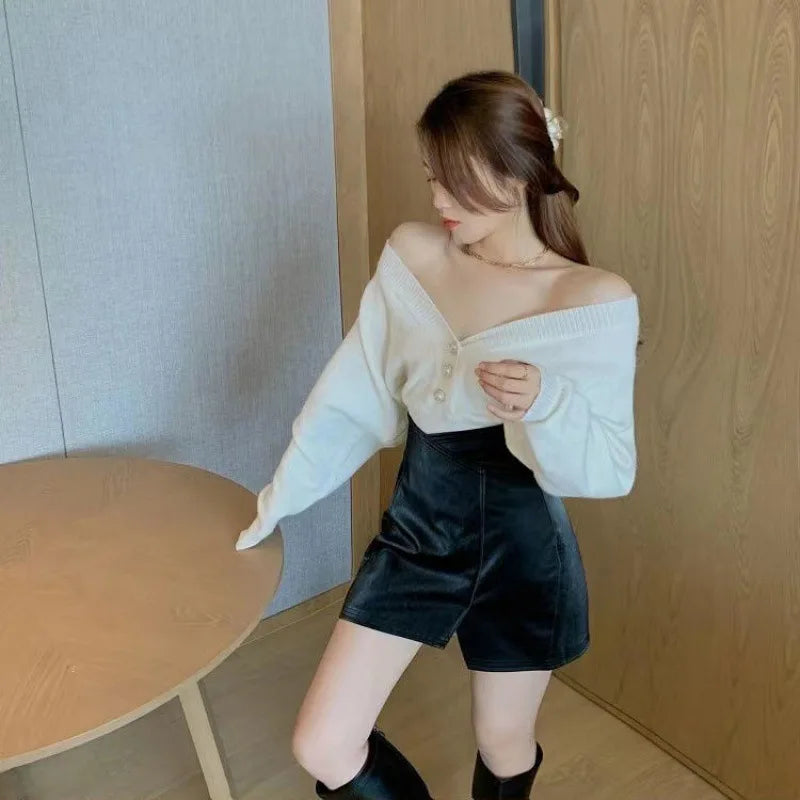 Women Stylish PU Leather White Zipper Patchwork Skirt High Waist Skirt Korean Solid Color Short Sexy Bodycon Skirts Mini Bottom