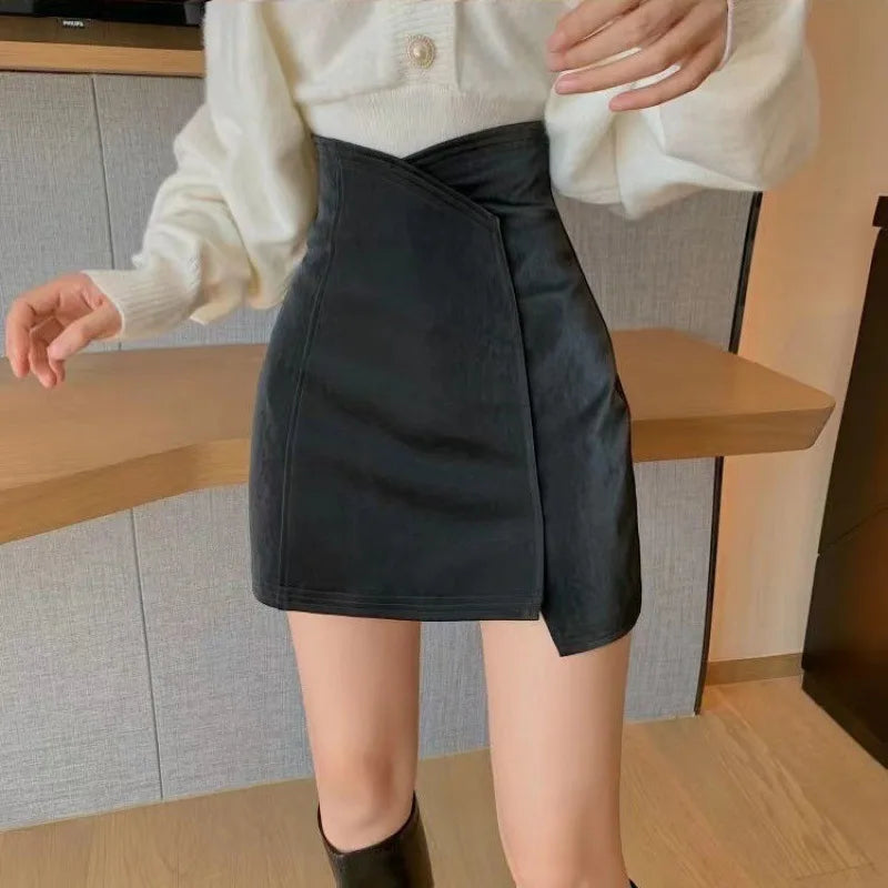 Women Stylish PU Leather White Zipper Patchwork Skirt High Waist Skirt Korean Solid Color Short Sexy Bodycon Skirts Mini Bottom
