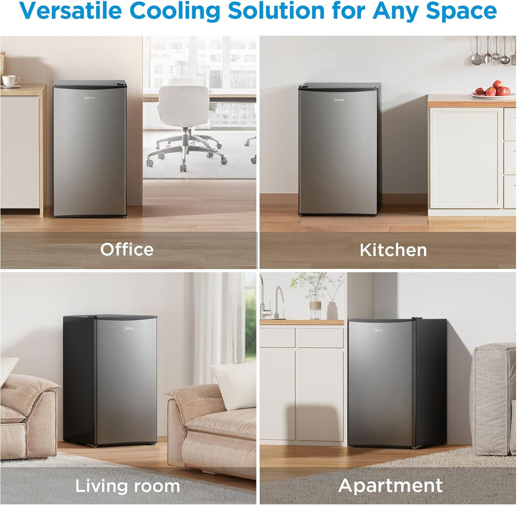 Midea MERM33S1AST Mini Fridge, 3.3 Cu.ft Compact Fridge with Internal Light, Adjustable Thermostat, Reversible Door, Low Noise for Dorm, Office, Bedroom, Stainless Steel