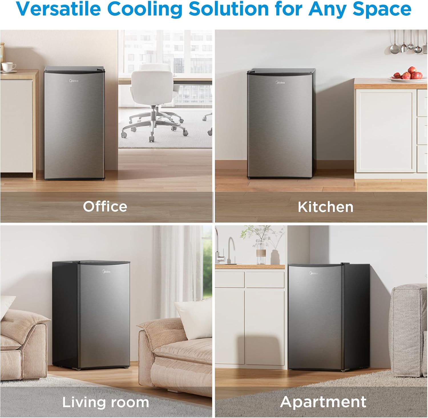 Midea MERM33S1AST Mini Fridge, 3.3 Cu.ft Compact Fridge with Internal Light, Adjustable Thermostat, Reversible Door, Low Noise for Dorm, Office, Bedroom, Stainless Steel