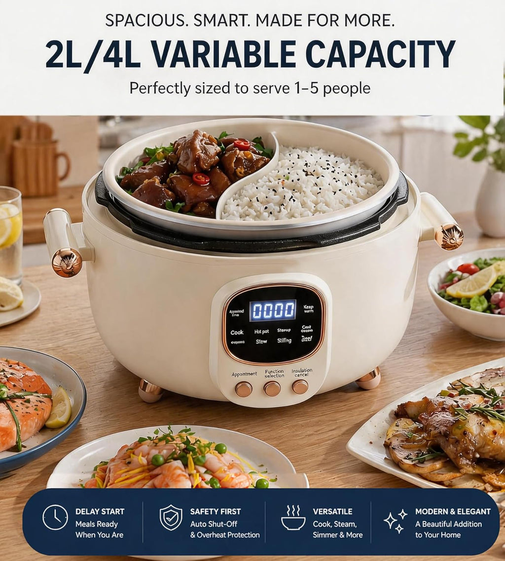 4.2Qt Electric Pressure Cooker & Smart Multi-Cooker, 10-in-1 Innovative 3-Compartment Rice Cooker, 1000W Hot Pot with 24H Timer, 70KPa Fast Cooking, Non-Stick Inner Pots, Heat Preservation, 110V, White