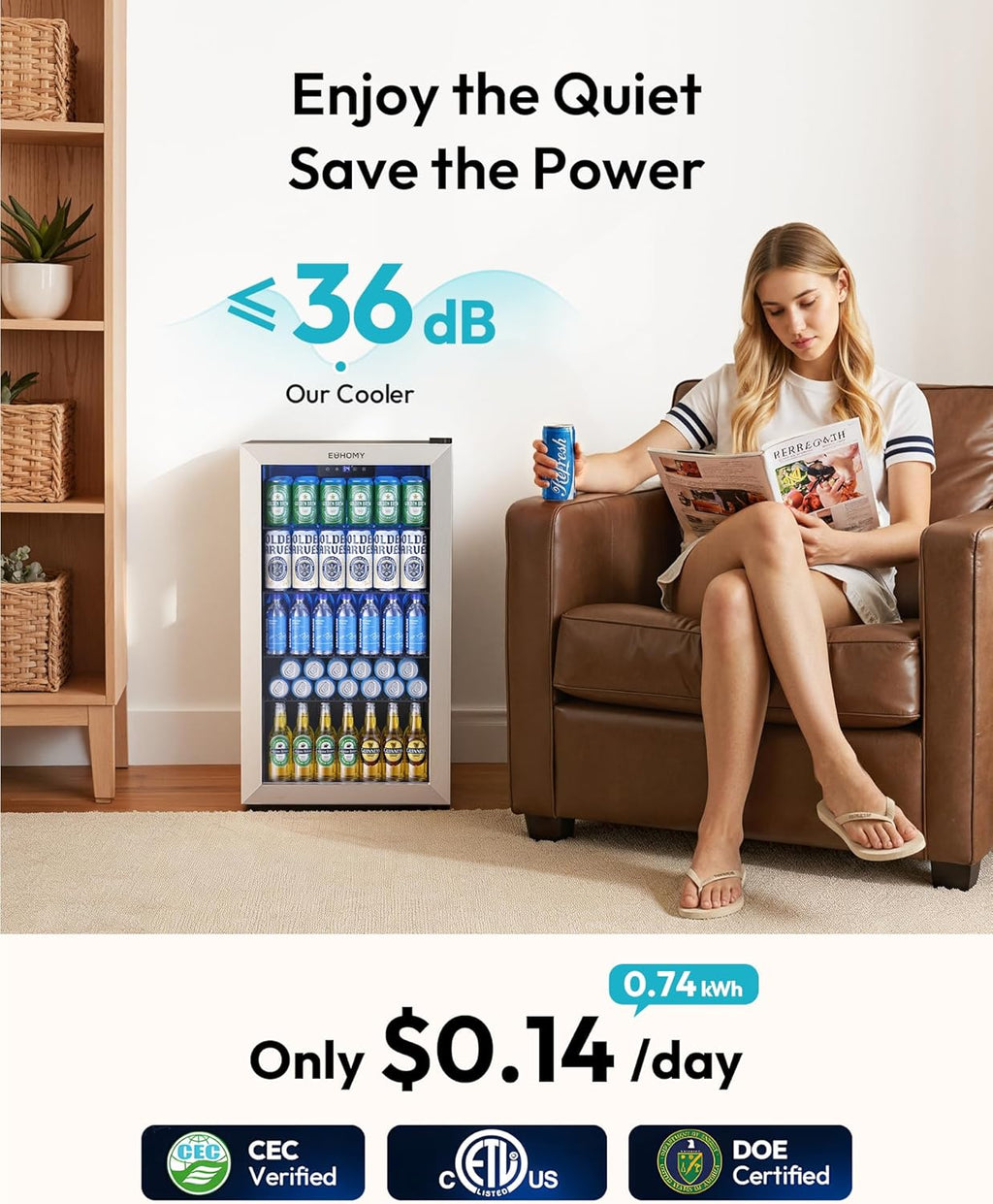 EUHOMY Mini Fridge 130 Can Beverage Refrigerator Cooler Glass Door for Soda Wine Beer, Beverage Cooler for Home, Bar, Office with Digital Temperature Control Adjustable Shelves, 3.2 Cu.Ft, Silver
