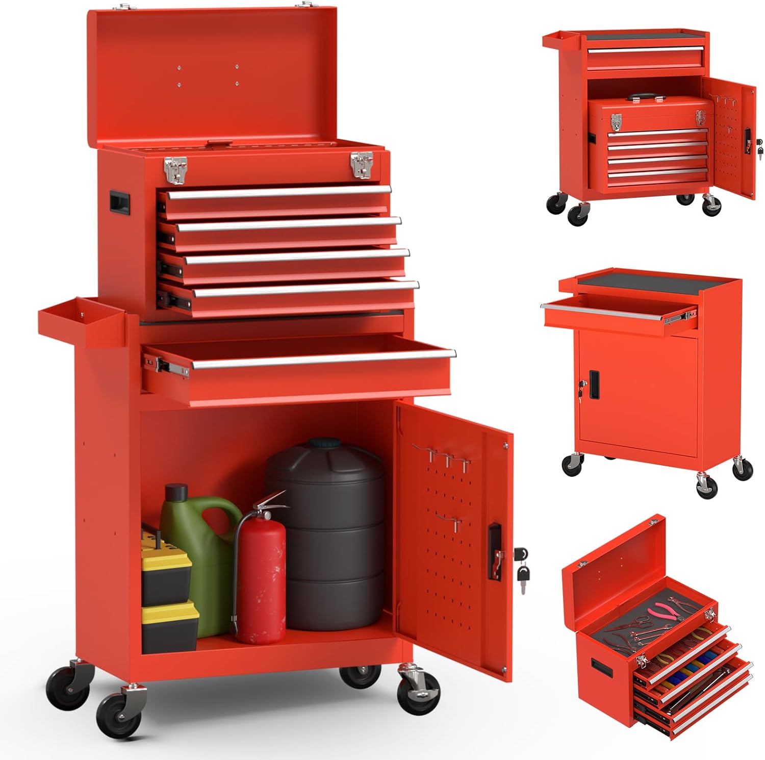 5-Drawer High Capacity Rolling Tool Chest, Removable Cabinet Storage Tool Box with Wheels and Drawers, Detachable Toolbox with Lock for Mechanics Garage Workshop and Tool Room (Red)