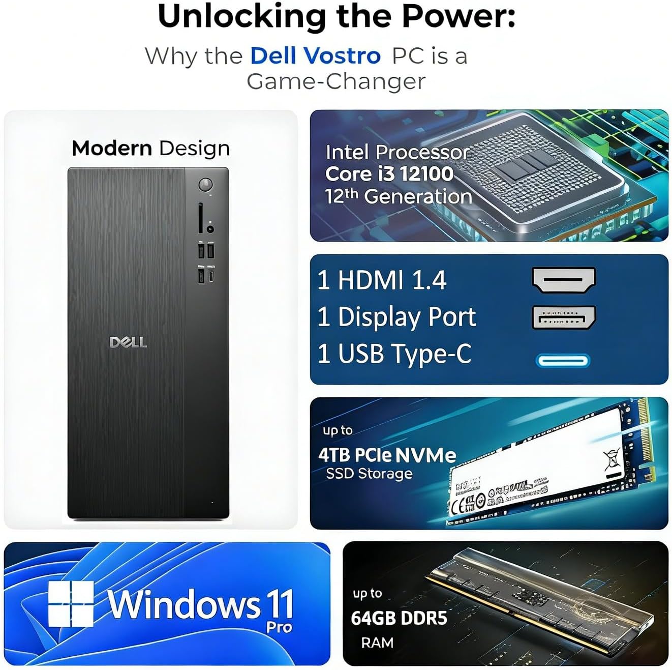 Dell Vostro Tower, 12th Gen Intel 4-Core i3-12100, 16GB DDR5 RAM, 512GB PCIe SSD, WiFi 6, Bluetooth, Windows 11 Pro