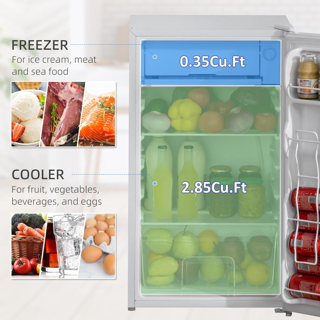 HOMCOM 3.2 Cu.Ft Mini Fridge with Freezer, Compact Refrigerator with Adjustable Thermostat, Shelf and Single Reversible Door for Bedroom, Dorm, Home Office, Energy Efficient, White