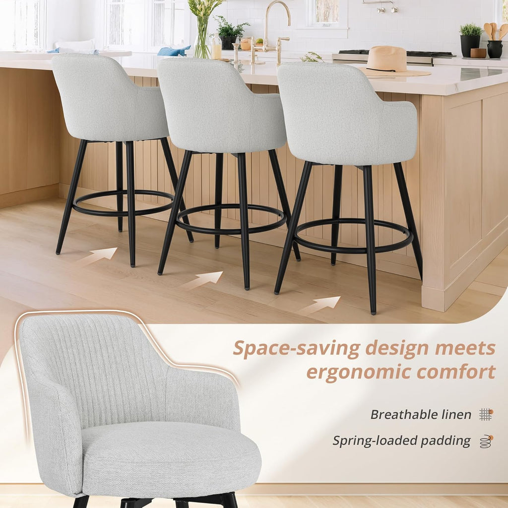 LUE BONA Swivel Bar Stools Set of 3, 26" Counter Height Bar Stools with Ergonomic Semi-Enclosed Back, Fabric Upholstered Barstools with Spring Cushion for Kitchen Island, Light Gray
