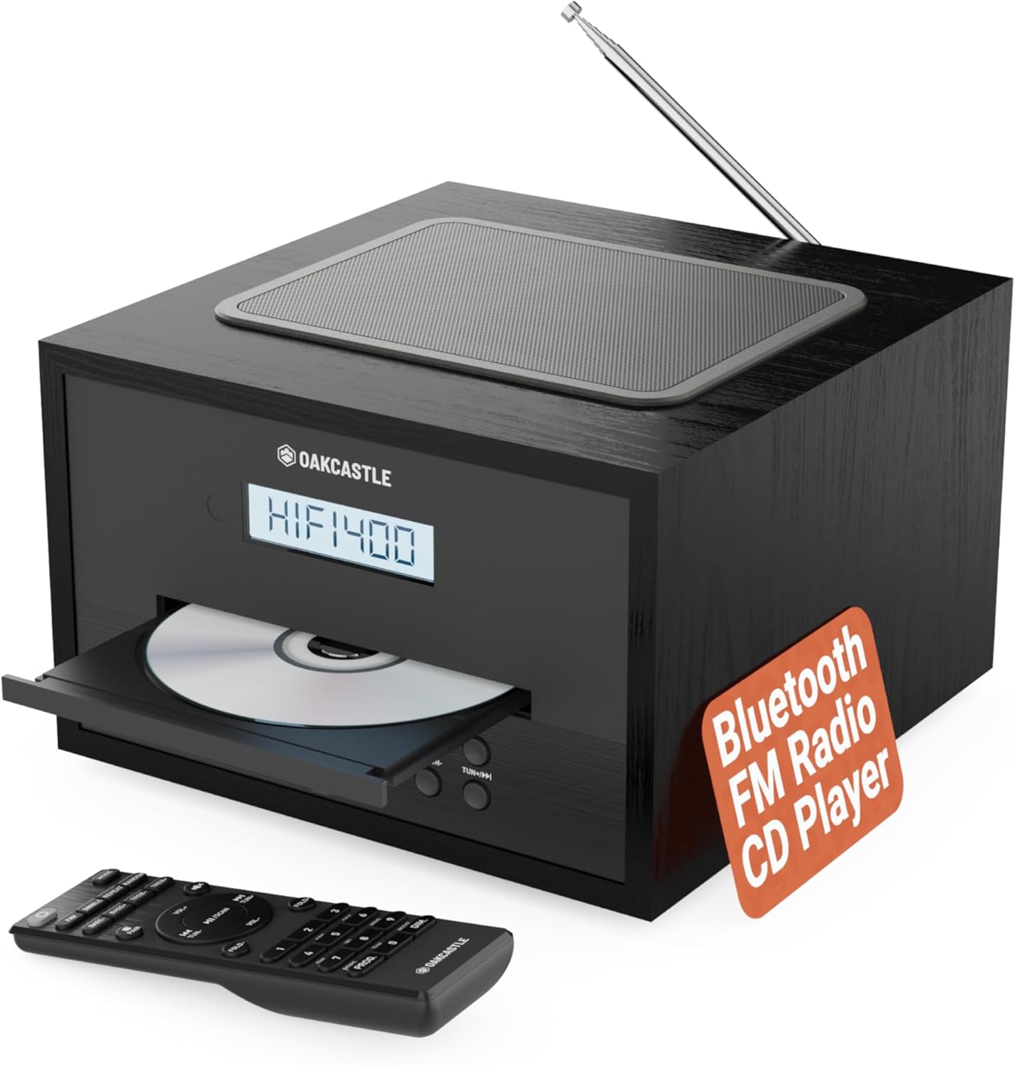 Home Stereo System with CD Player Bluetooth & Radio | 40W FM Radio, Solid Wood Build, 30 Presets, and Alarm | Multi Format Support, CD Player for Home, Compact Music System | Oakcastle Hifi400