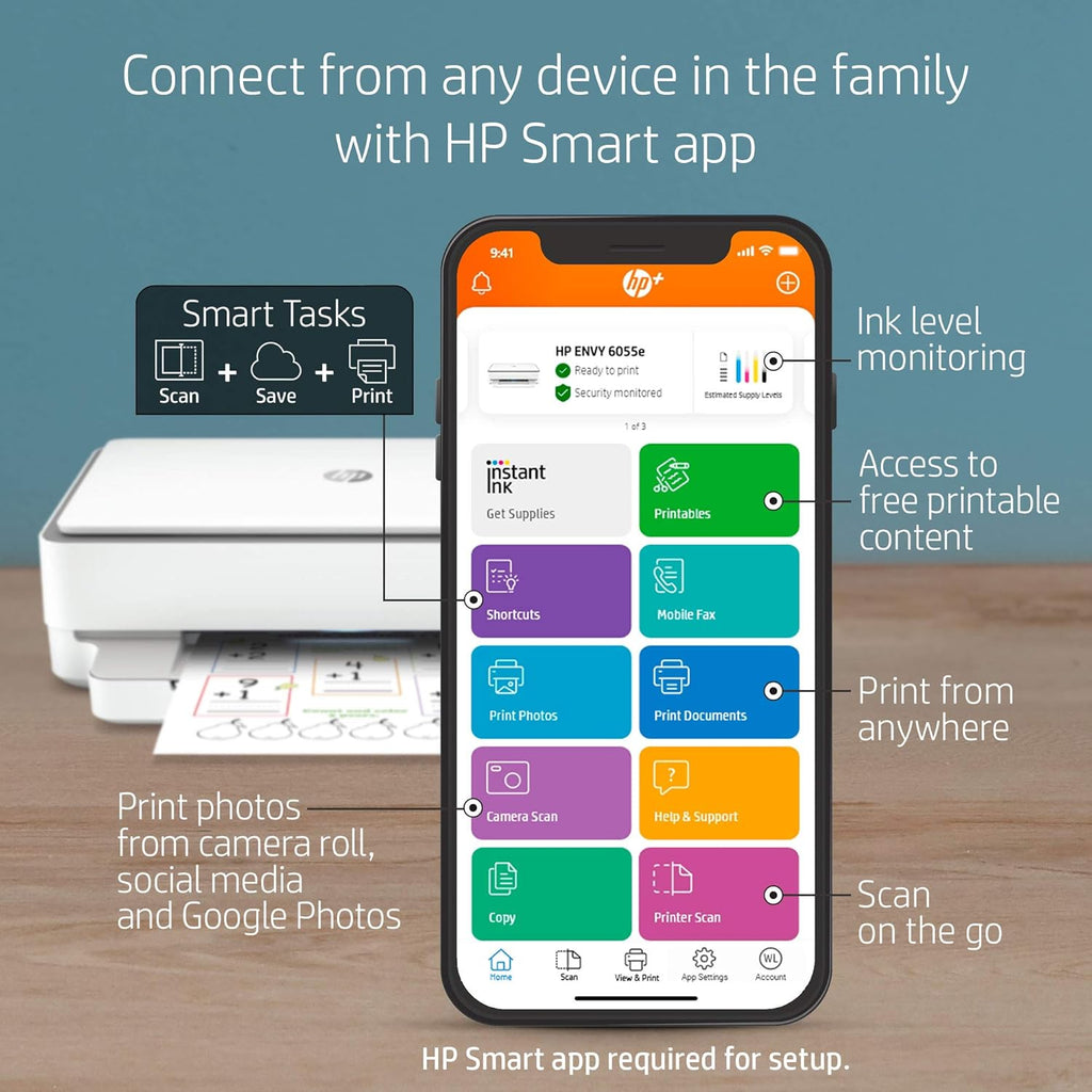HP ENVY 6055e Wireless Color Inkjet Printer, Print, scan, copy, Easy setup, Mobile printing, Best-for-home, 3 month Instant Ink trial included, white