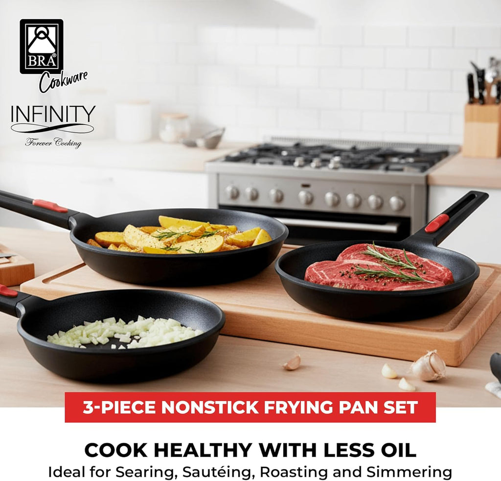 BRA COOKWARE Infinity 3-Piece Nonstick Frying Pan Set | 8, 9.5 & 11 Inch Cast Aluminum Skillet Set | Removable Handle | PFOA/PFAS Free Fry Pans | All Cooktops incl. Induction | Oven Safe Skillets
