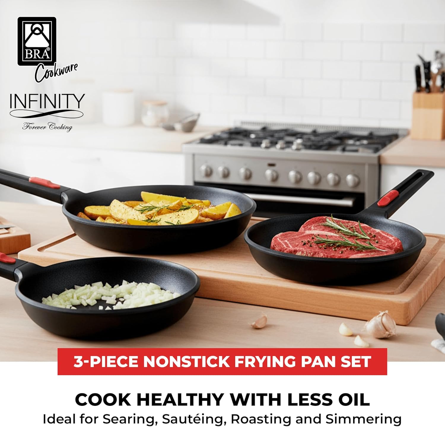 BRA COOKWARE Infinity 3-Piece Nonstick Frying Pan Set | 8, 9.5 & 11 Inch Cast Aluminum Skillet Set | Removable Handle | PFOA/PFAS Free Fry Pans | All Cooktops incl. Induction | Oven Safe Skillets