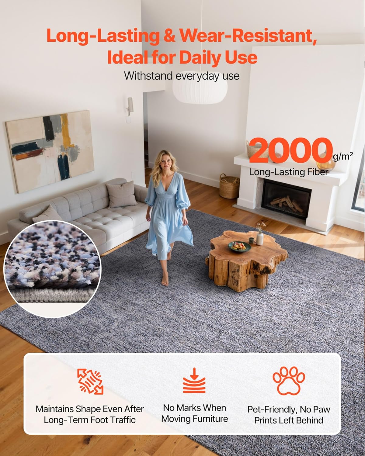 VEVOR Indoor Plush Area Rugs, 9 x 12 ft Living Room Plush Carpet Blue Gray Area Rugs Furry with Long Plushs Pile, Thick High-Pile Rug for High-Traffic Areas, Non-Shedding & Non-Slip Backing