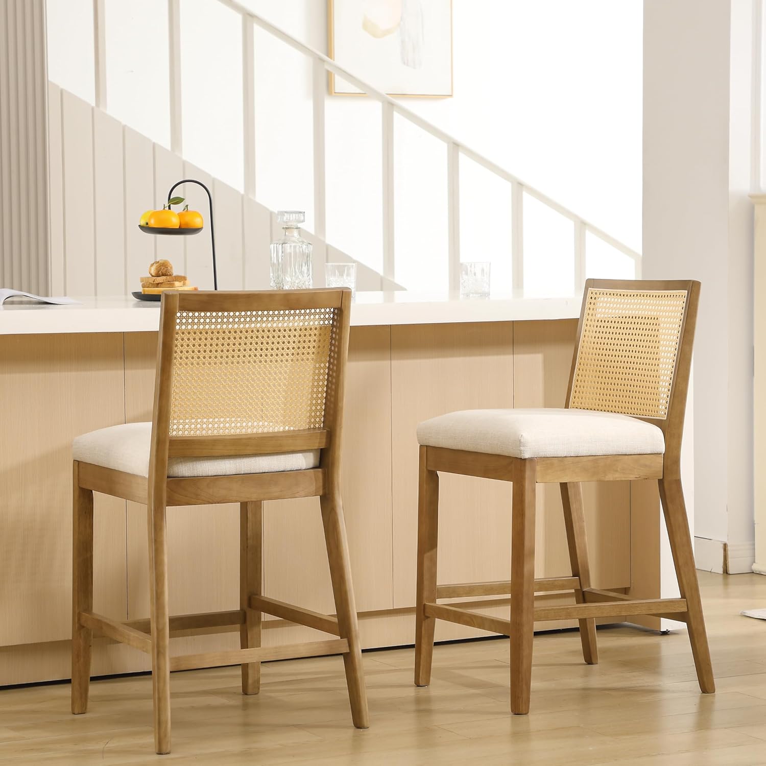 RIVOVA 26.5" Rattan Bar Stools Set of 4 Modern Linen Fabric Upholstered Counter Height Bar Stools, Kitchen Island Barstools with Rattan Back, Natural Finish Wood Legs Bar Chairs, Beige