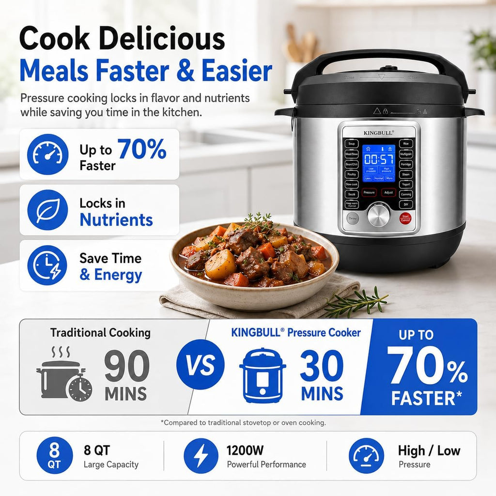 KINGBULL 14-in-1 Electric Pressure Cooker 8 Quart, Stainless Steel Multi Cooker with LCD Display and Knob Control, Slow Cooker, Rice Cooker, Steamer, Sauté, Yogurt Maker, Warmer, DIY Mode