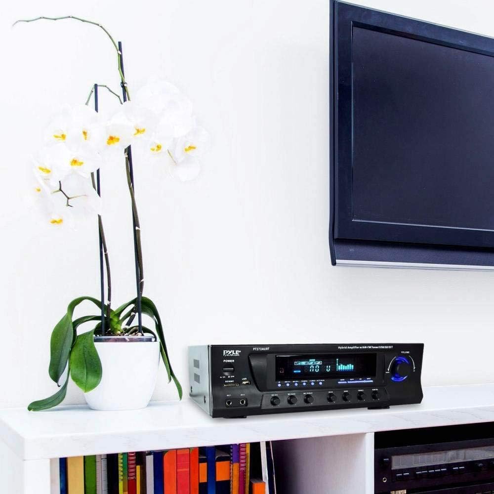 Pyle Home Stereo Amplifier with Bluetooth - 300 Watt Max 4 Channel Stereo Receiver with Easy Karaoke - Dual Mic In with EQ and Echo, USB-A and SD Card In, RCA In, RCA Out, LED Display - PT272AUBT