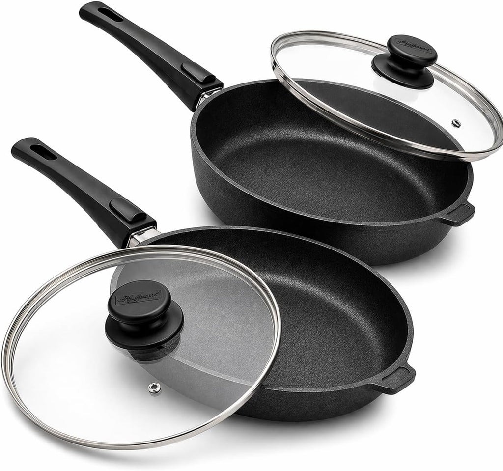 Hoffmann Nonstick Frying Pan Set (2-Piece) – PFAS-Free, Non Toxic, Made in Germany, 11" Deep + Flat Skillet with Lid, Induction Ready, Heavy Cast Aluminum (StonIQ Series)
