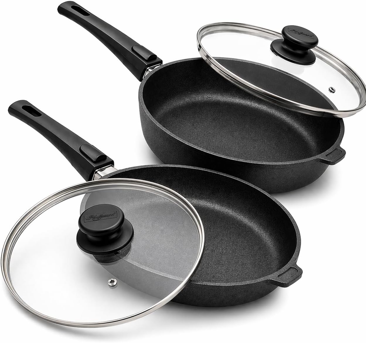 Hoffmann Nonstick Frying Pan Set (2-Piece) – PFAS-Free, Non Toxic, Made in Germany, 11" Deep + Flat Skillet with Lid, Induction Ready, Heavy Cast Aluminum (StonIQ Series)