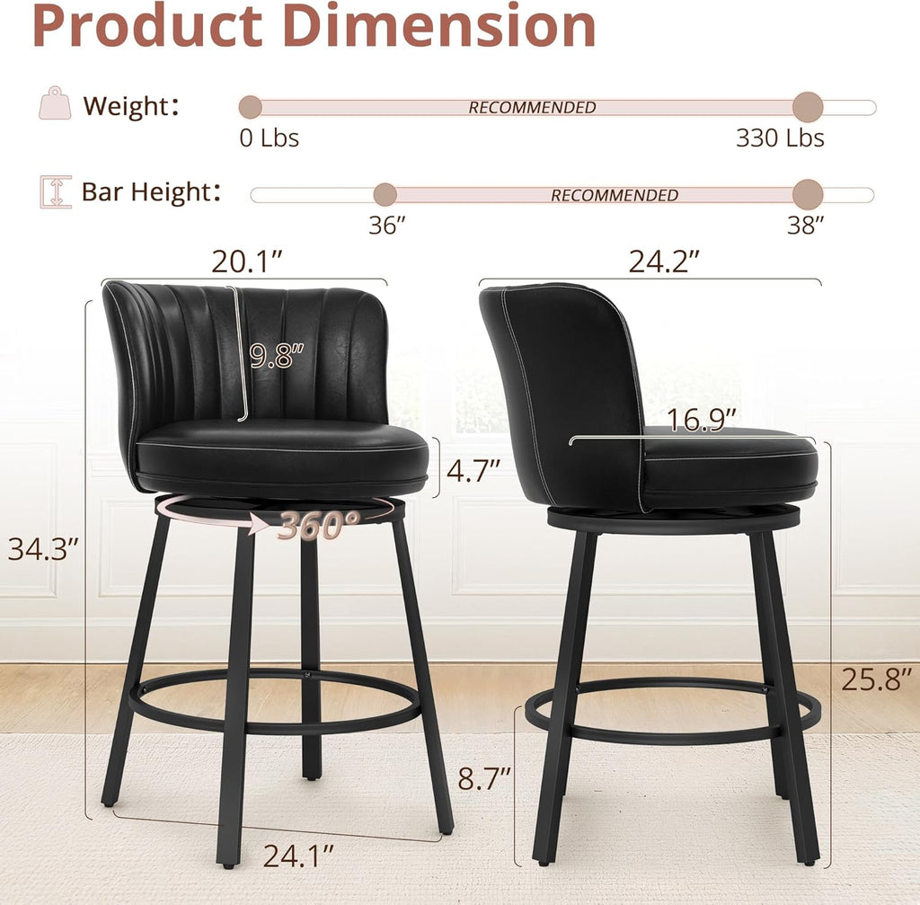 LUE BONA 360° Swivel Leather Bar Stools Set of 3, 26" Counter Height Barstools with Backs and Metal Legs, Rustic Upholstered Bar Chairs for Kitchen Island, Black