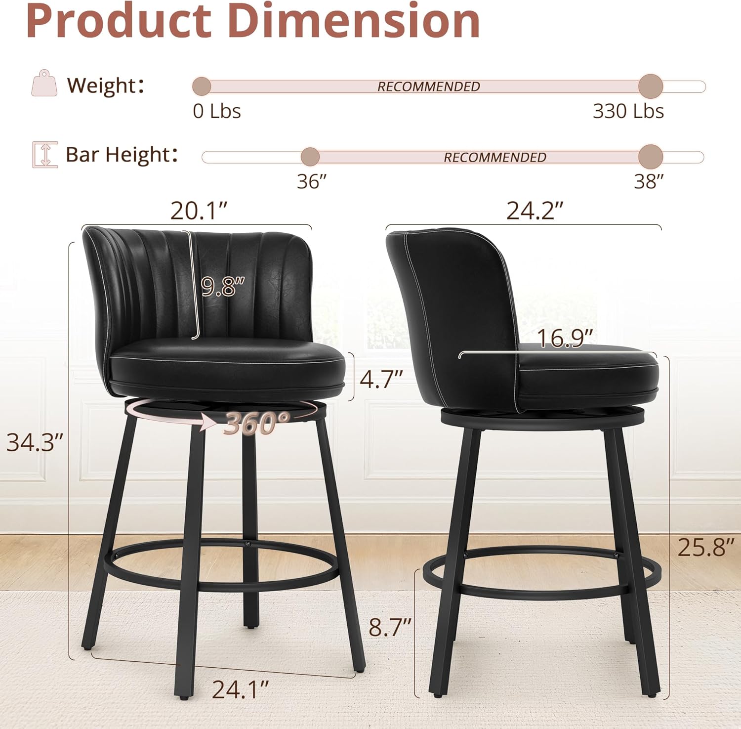 LUE BONA 360° Swivel Leather Bar Stools Set of 3, 26" Counter Height Barstools with Backs and Metal Legs, Rustic Upholstered Bar Chairs for Kitchen Island, Black