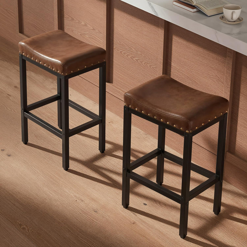 Counter Height Bar Stools Set of 2,30 Inch, Industrial Vintage Bar Stool with Nailhead, Faux Leather Barstool with Footrest, Saddle Stool for Kitchen Island, Dining Room, Easy Assembly