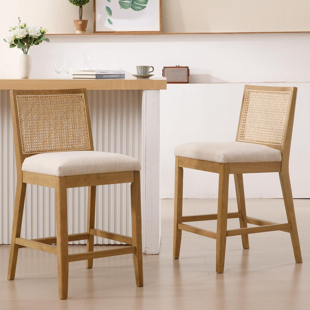 RIVOVA 26.5" Rattan Bar Stools Set of 4 Modern Linen Fabric Upholstered Counter Height Bar Stools, Kitchen Island Barstools with Rattan Back, Natural Finish Wood Legs Bar Chairs, Beige