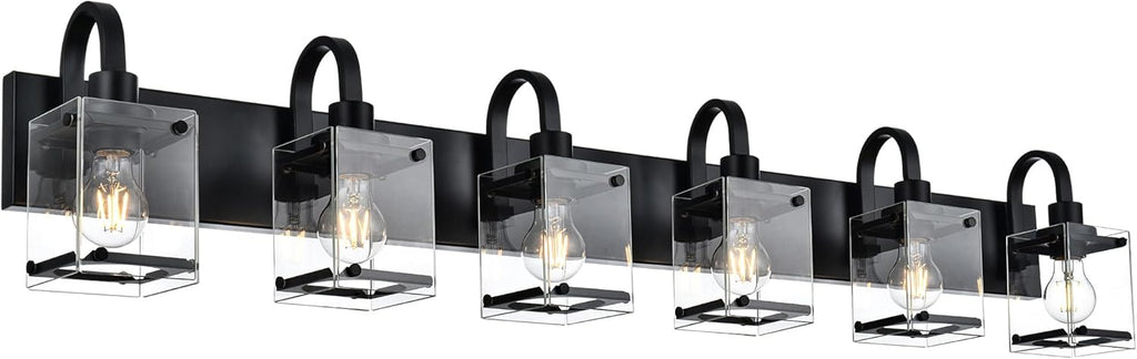 TODOLUZ Modern Vanity Light Fixture Over Mirror,6 Lights Wall Sconce with Clear Glass Shade Bathroom Lighting Black Farmhouse Wall Lamp Bathroom Mirror Kitchen Porch Living Room Workshop