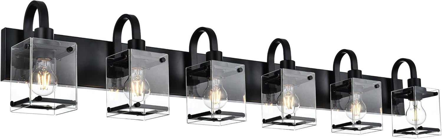 TODOLUZ Modern Vanity Light Fixture Over Mirror,6 Lights Wall Sconce with Clear Glass Shade Bathroom Lighting Black Farmhouse Wall Lamp Bathroom Mirror Kitchen Porch Living Room Workshop