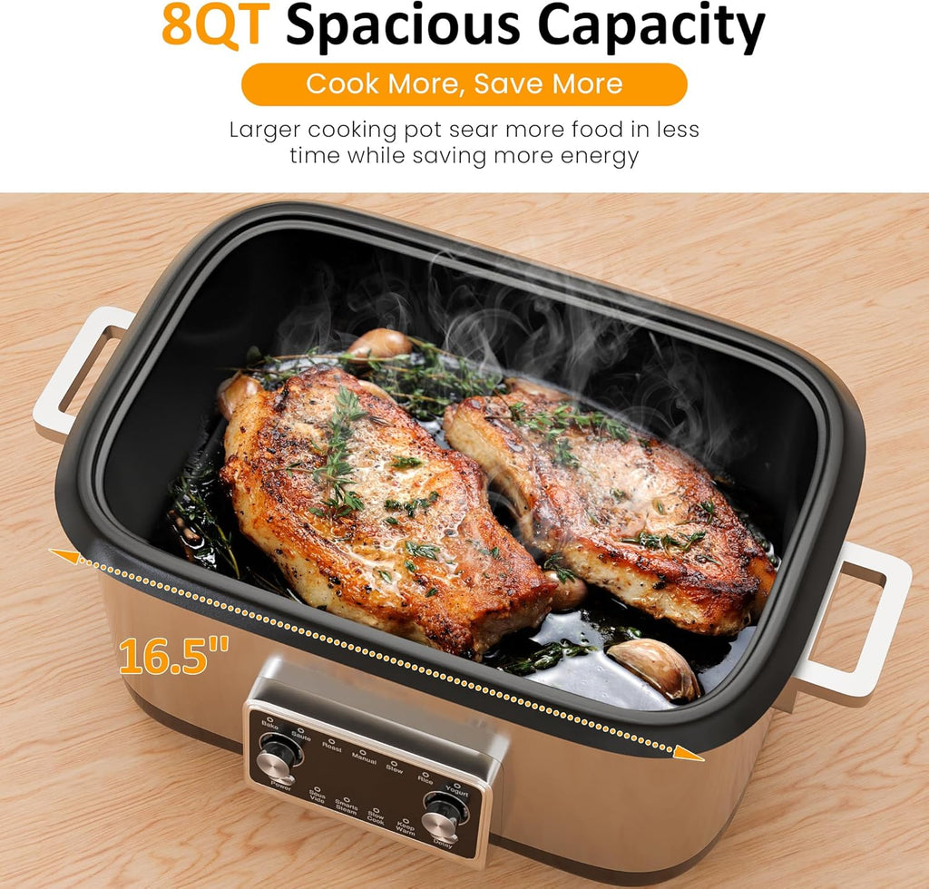 HEYNEMO 12-in-1 Programmable Slow Cooker, 8 Quart Slow Cooker with Timer, Temp Control and Auto Shut Off, Multi Cooker with Steaming Rack, Dishwasher-Safe Visual Glass Lid, Stainless Steel