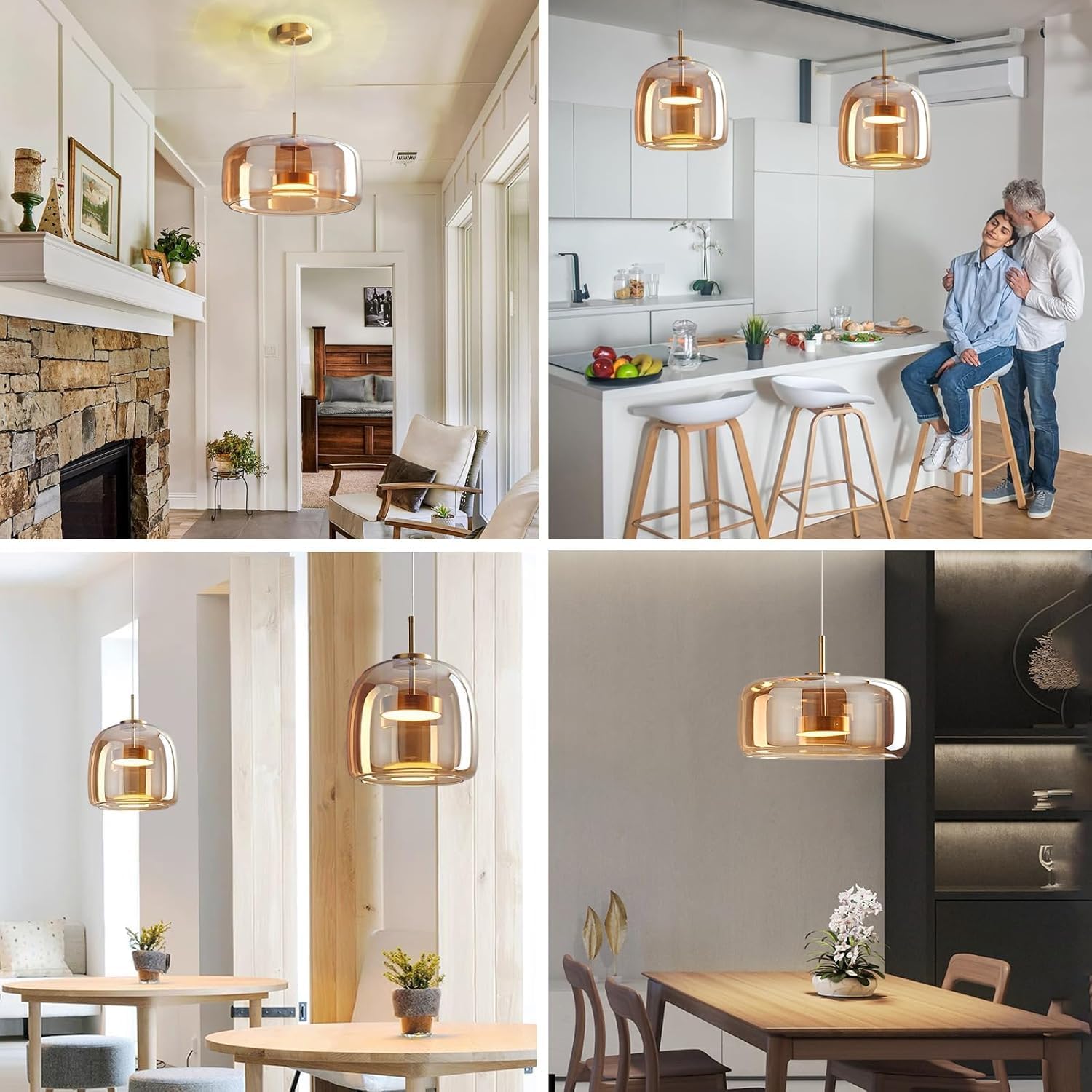 Amber Glass Chandelier Round Pendant Light for Kitchen Island Modern Amber Glass Lampshade with Hanging Lights for Dining Room Living Room Bedroom Coffee Shop Aisle Corridor (A Style)