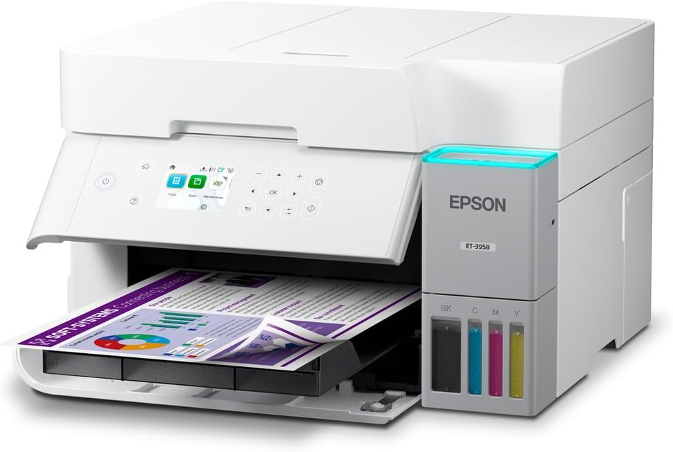 Epson EcoTank ET-3958 Wireless All-in-One Color Supertank Printer, Refillable Tanks, 2.4" Color Screen, Auto Document Feeder, Auto Duplex Printing, Scan, 250-Sheet Paper Tray – White
