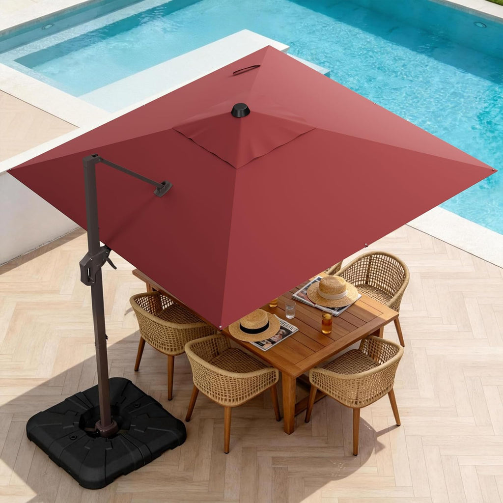 10' X 10' Patio Umbrella Cantilever Outdoor Rectangle Umbrella with Base Included, Heavy Duty 360°Rotation Offset Umbrella for Garden Deck Pool Patio, Red