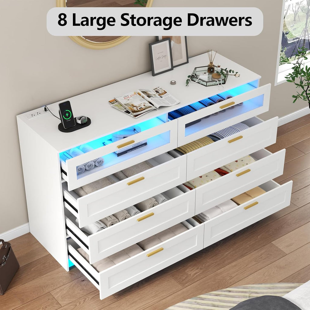 8 Drawers Dresser with Charging Station, White Dresser for Bedroom with LED Lights, Modern Chest of Drawers for Closet, Double Wide Dressers Organizer for Bedroom, Living Room, Entryway (White)