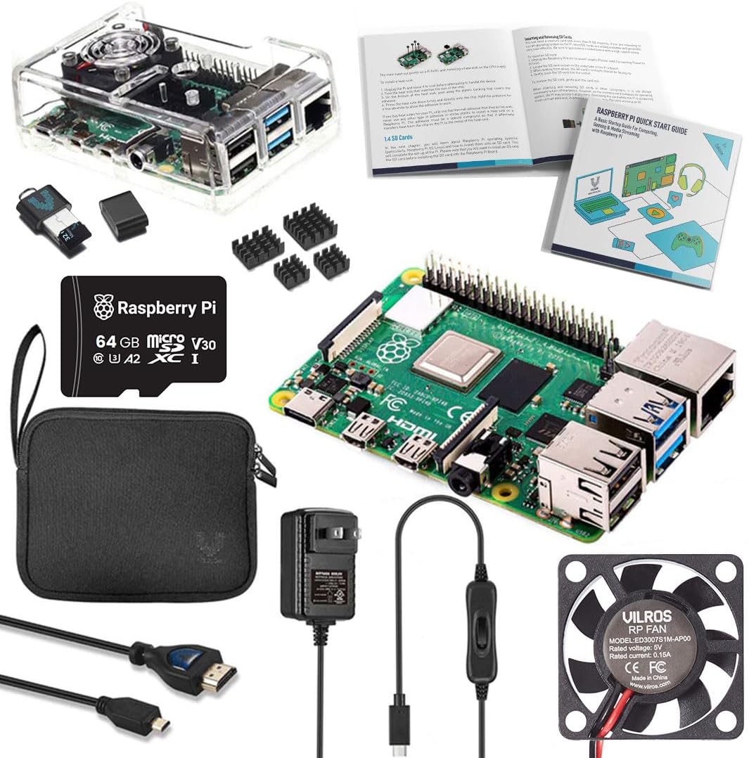 Vilros Raspberry Pi 4 Complete Starter Kit- Includes Raspberry Pi 4 Board, Fan Cooled Case, 64GB Preloaded Micro SD Card and More (4GB, Clear Transparent Case)