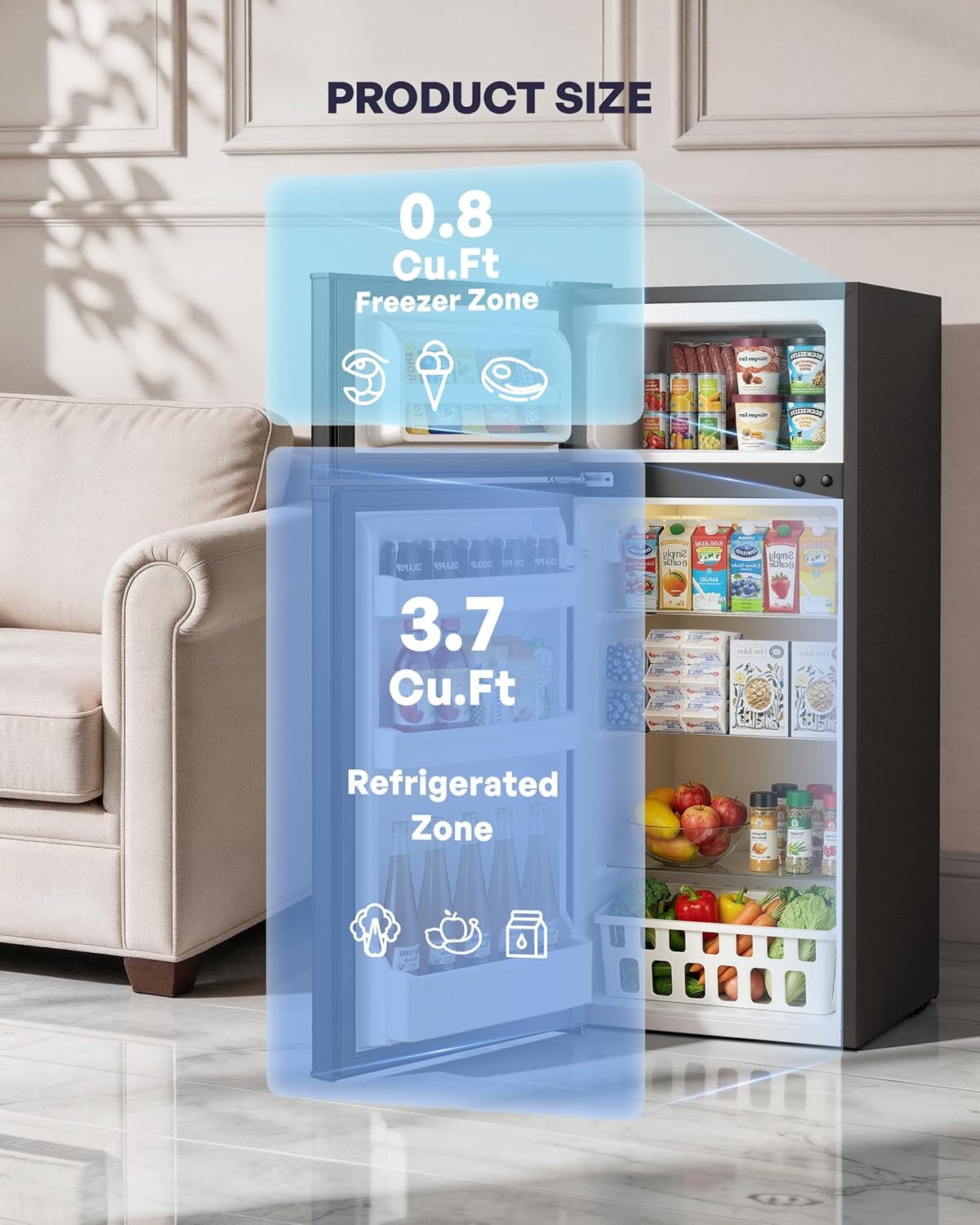 Icyglee 4.5 Cu.Ft Mini Fridge with Freezer, 2 Doors Small Fridge with Adjustable Thermostat & Removable Glass Shelves, Small Refrigerator for Kitchen Office Dorm, Quiet Operation, Black