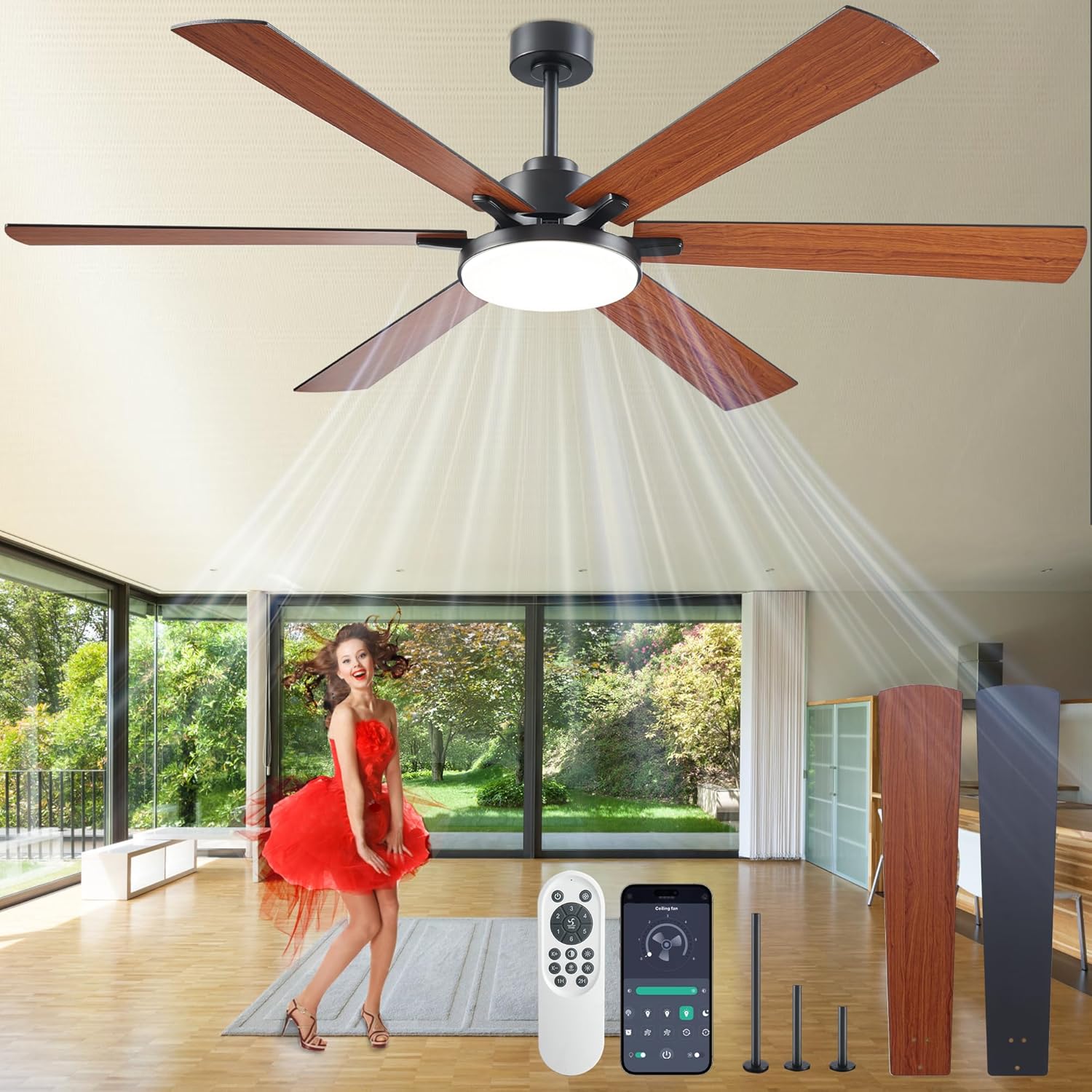 72 inch Ceiling Fans with Lights and Remote Control,Indoor/Outdoor Flush Mount Low Profile Commercial Reversible Dimmable Wood Grain Ceiling Fans for Living Room Patio Industrial Shop.