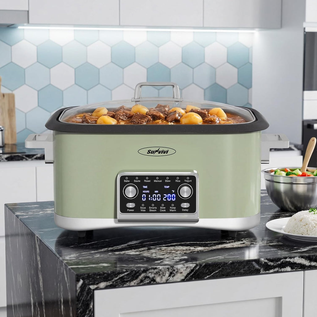 12-in-1 Programmable Slow Cooker Roaster Oven, 8 Quart Digital Multi-Cooker Food Warmer with Timer, Temp Control & Auto Shut Off, Removable Non-Stick Pot, Dishwasher-Safe Glass Lid, Green