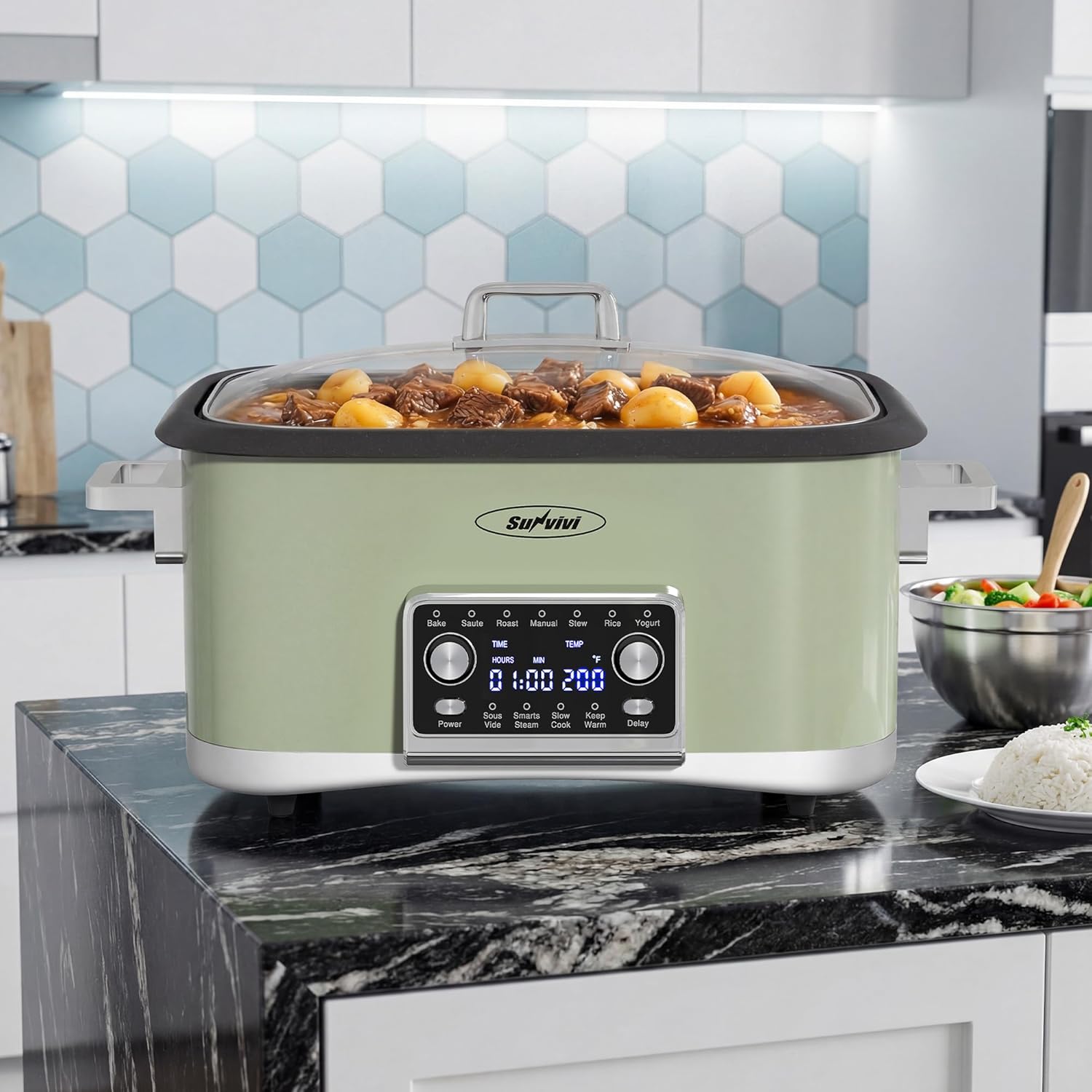 12-in-1 Programmable Slow Cooker Roaster Oven, 8 Quart Digital Multi-Cooker Food Warmer with Timer, Temp Control & Auto Shut Off, Removable Non-Stick Pot, Dishwasher-Safe Glass Lid, Green