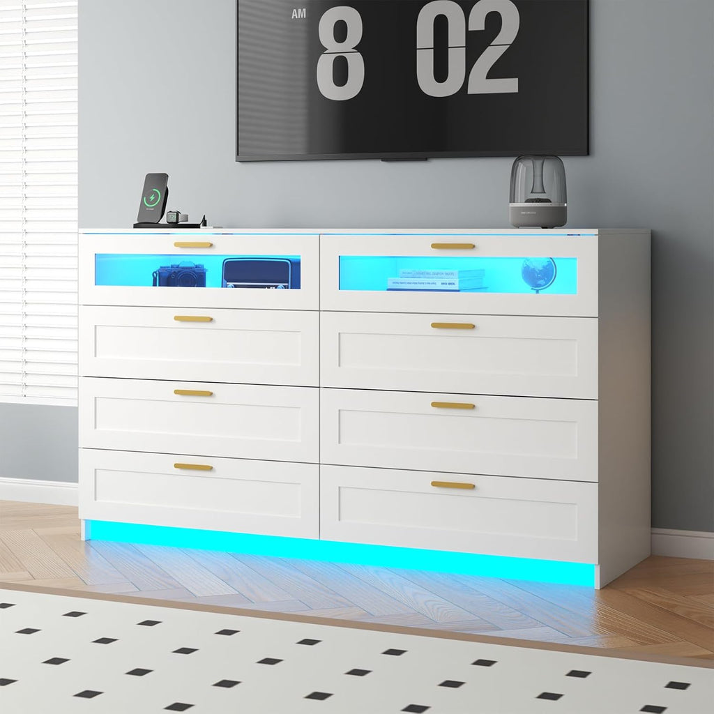 8 Drawers Dresser with Charging Station, White Dresser for Bedroom with LED Lights, Modern Chest of Drawers for Closet, Double Wide Dressers Organizer for Bedroom, Living Room, Entryway (White)