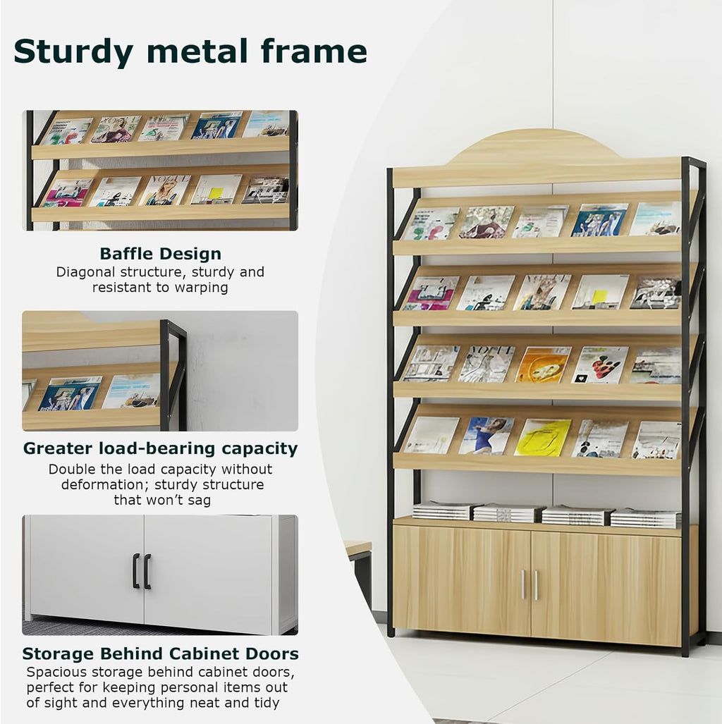 Magazine Rack Floor, 3/4-Tier Floor Magazine Rack with Bottom Storage Cabinet, Sturdy Carbon Steel & Wood Literature Stand, Space-Saving Design for Living Room, Coffee Shop, Office, School