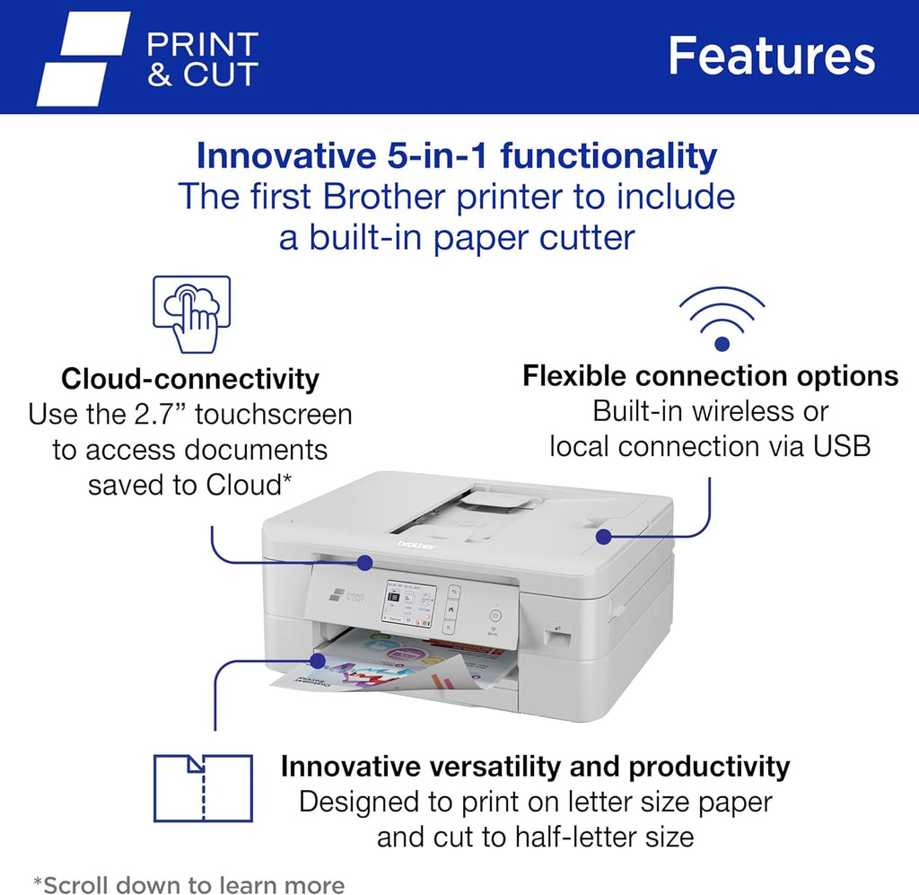 Brother Wireless All-in-One Color Inkjet Printer with Auto Paper Cutter, Scanner, Copier and Fax for Home Office, Print and Cut Machine with Mobile Printing and 150-Sheet Capacity (J1800DW)